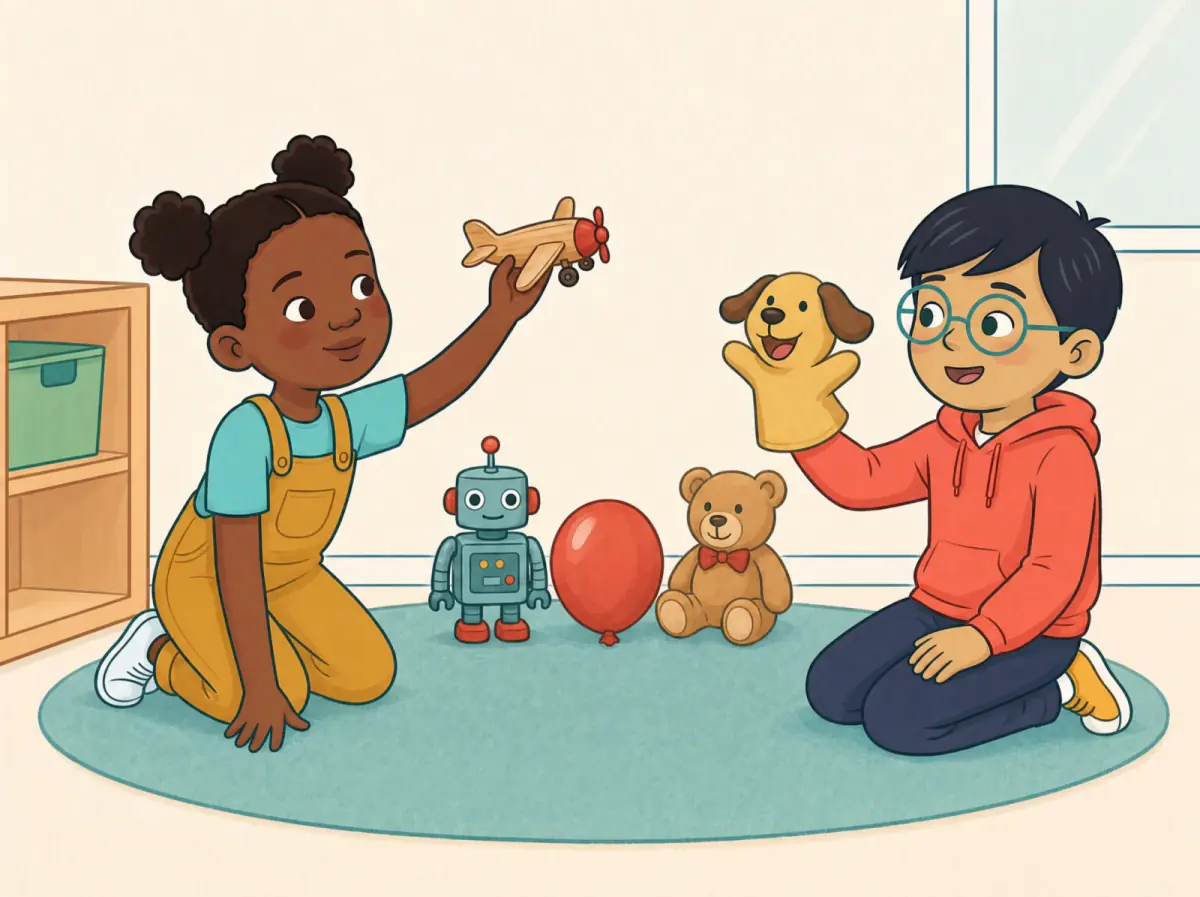 On a playroom rug, Nia flies one small wooden plane while Leo holds a cheerful hand puppet. One toy robot, one balloon and one teddy sit in a clear row behind them.