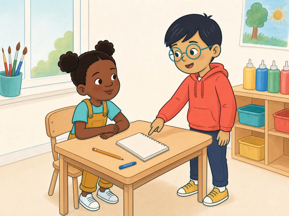 In a bright art corner, Nia sits on one chair at a small desk. A notebook, one pencil and one blue crayon lie separately on the desk. Leo stands beside her and points to the notebook.