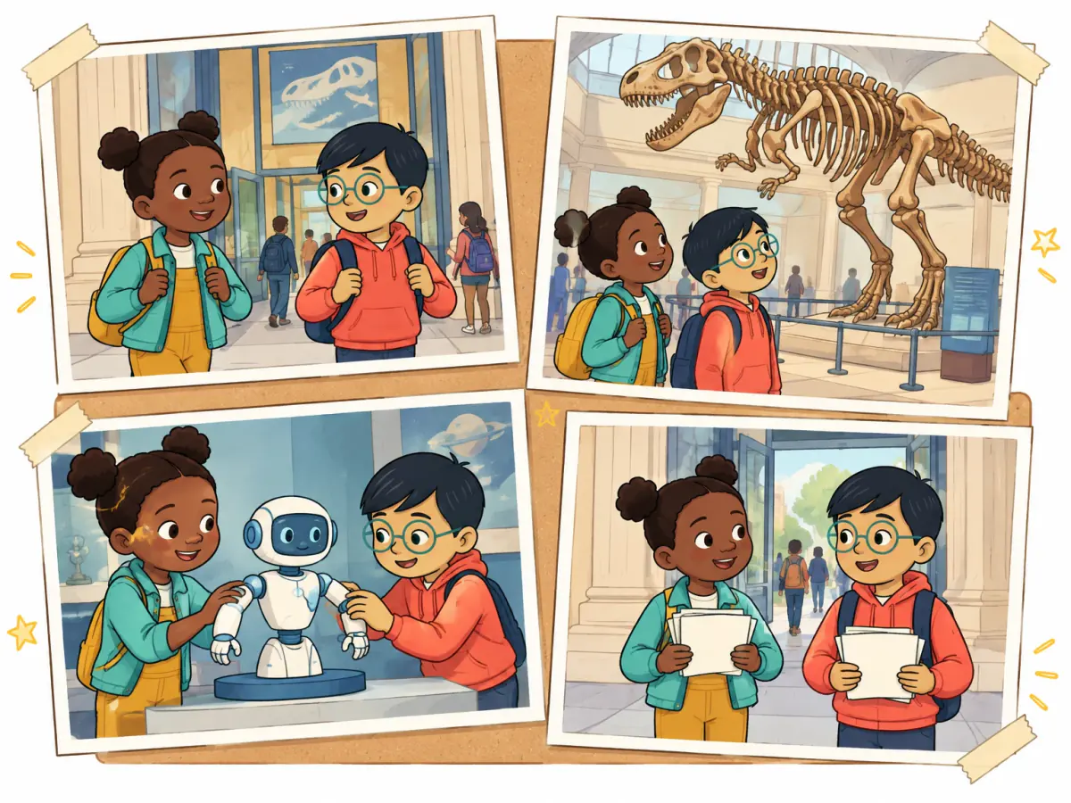 A school-trip memory board shows two children entering the museum, seeing a large skeleton, testing a robot model and leaving with blank sketch cards.