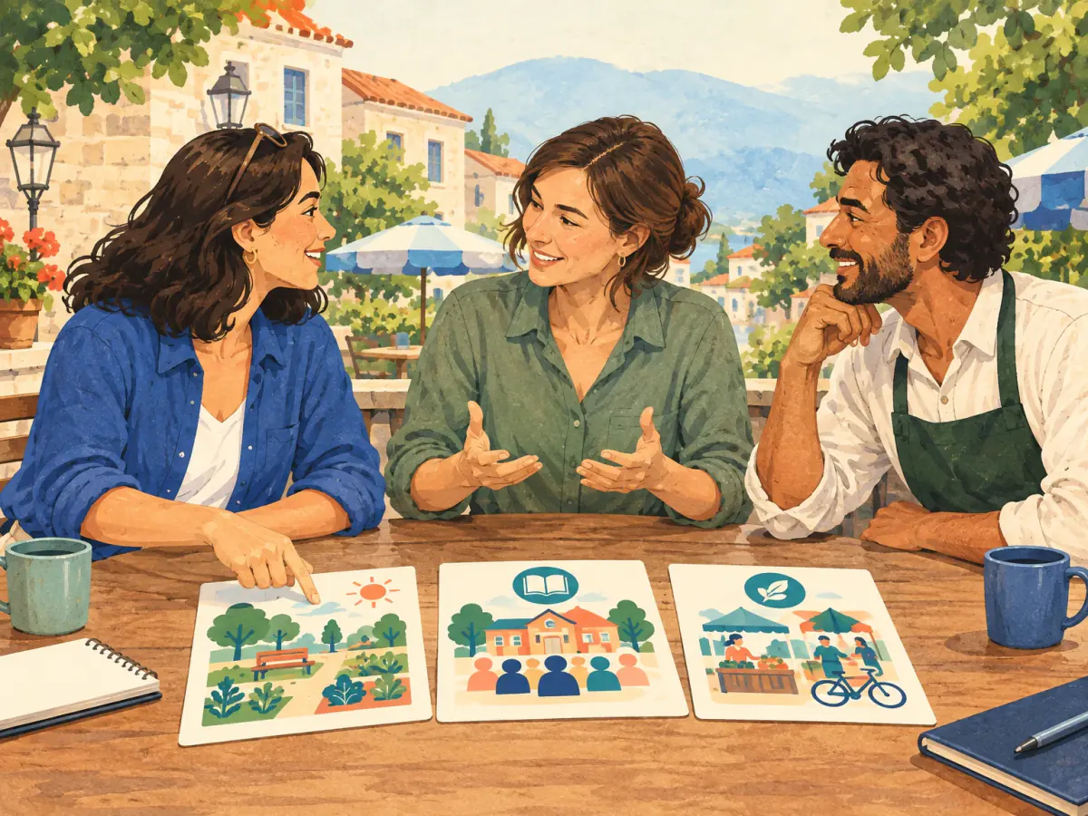Three adults compare community-study proposals.