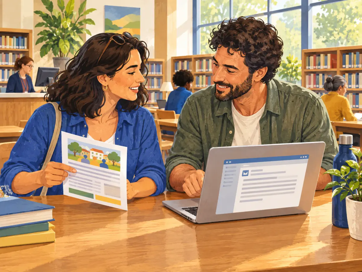 Two adults compare everyday messages at a library desk.