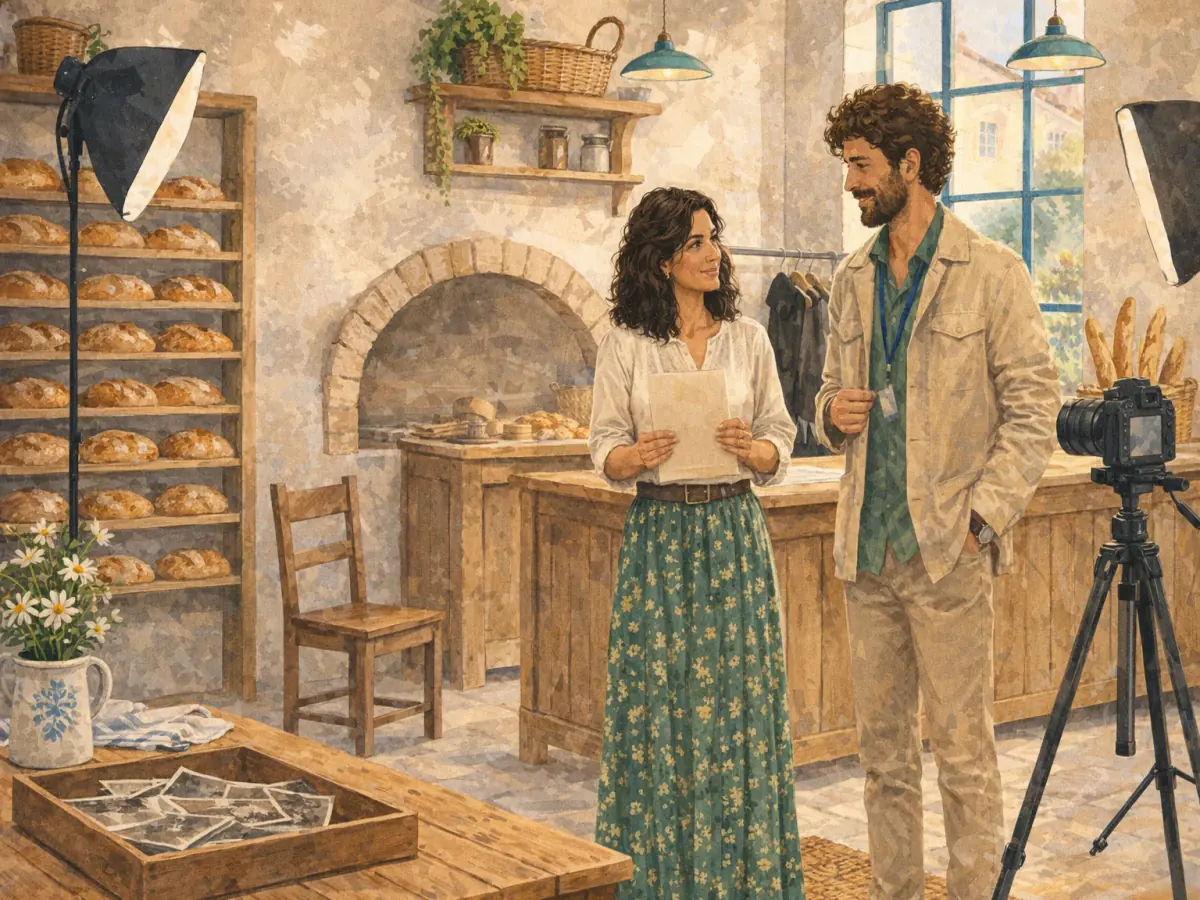 Adults arranging clothes and objects for an archive photo recreation.