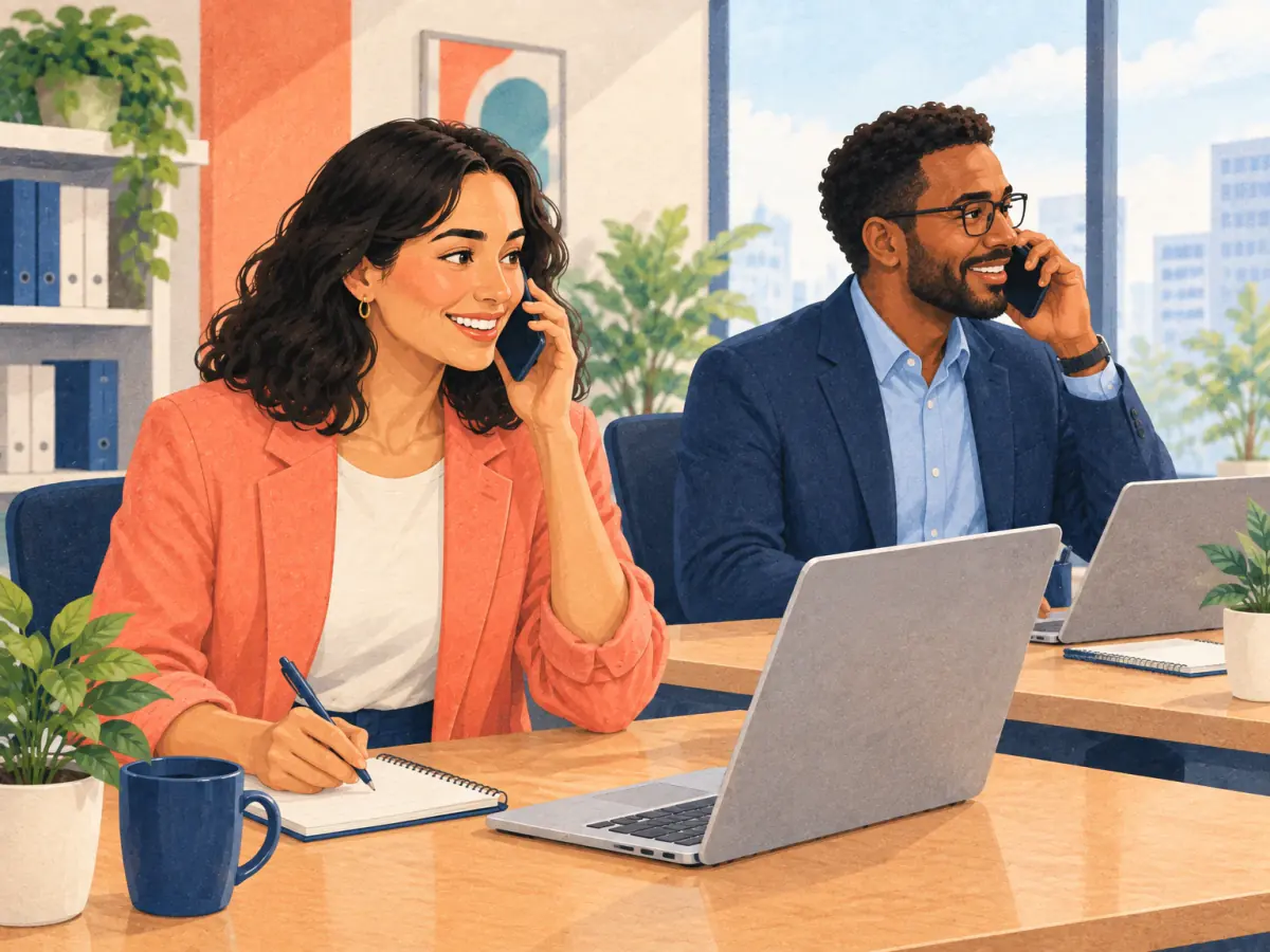 Maya and Owen take phone calls at their desks.