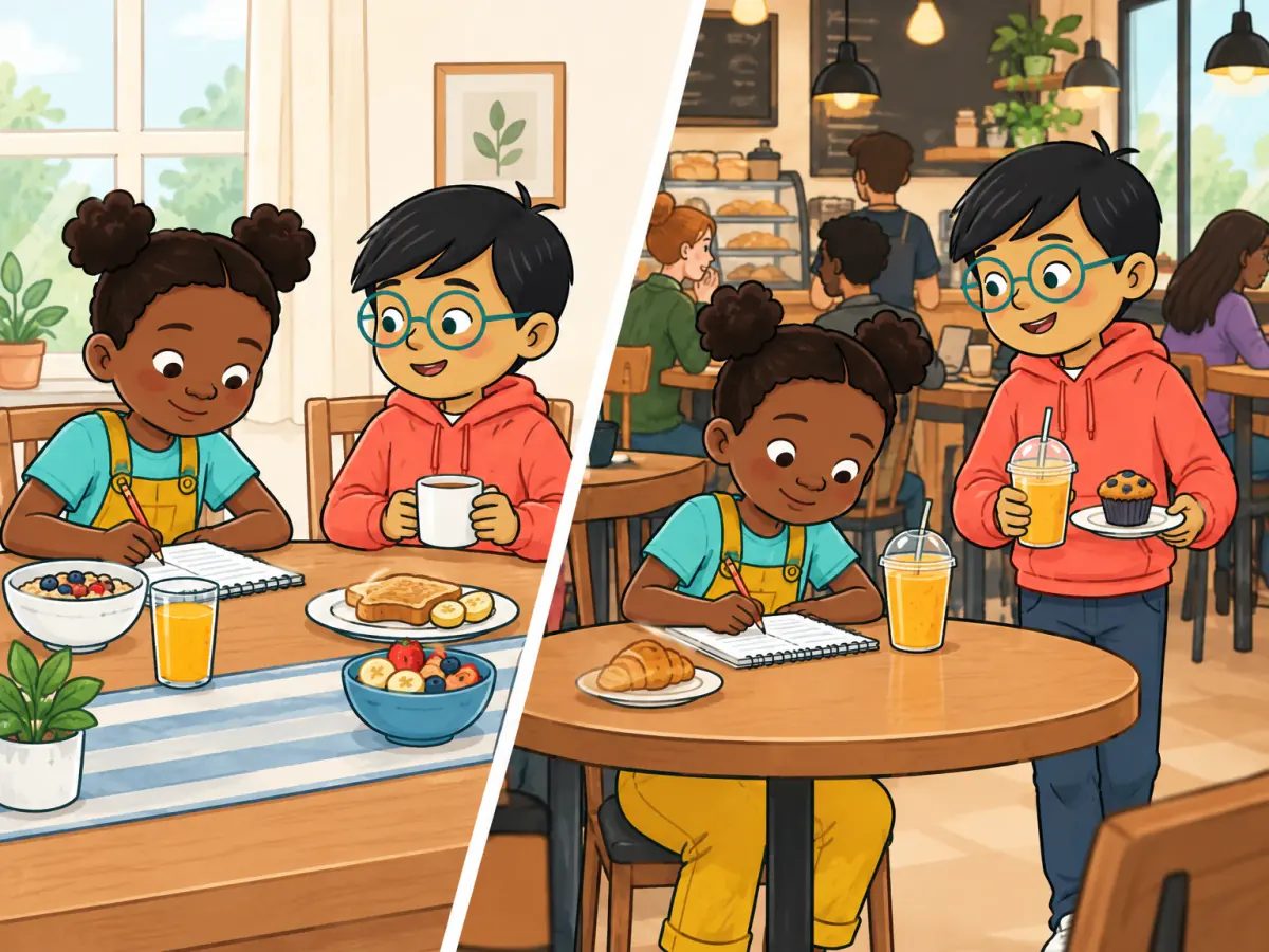 A split café scene contrasts a quiet family breakfast table used every week with the busy café right now. A child records meal habits while another child carries no hot items.