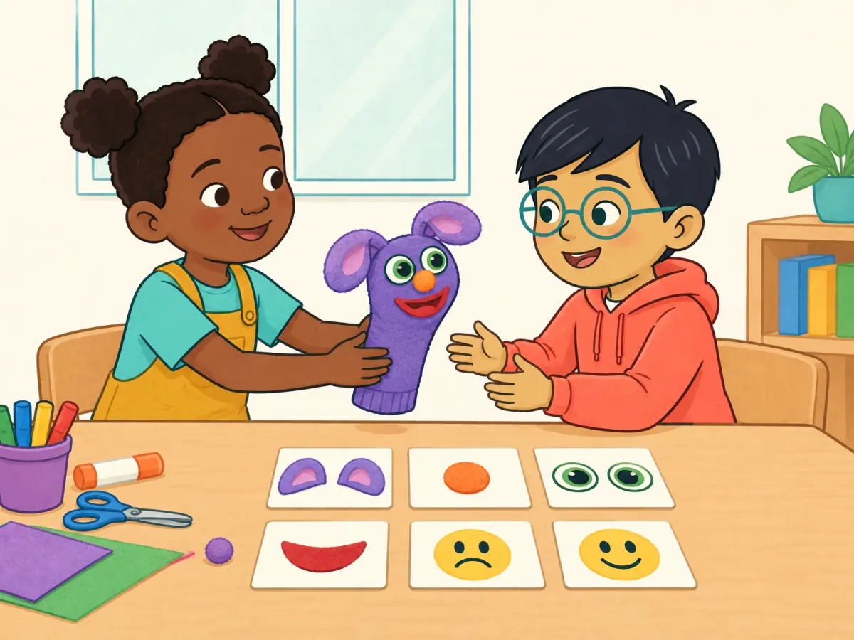 Two children make a friendly puppet with clear ears, eyes, nose and mouth beside happy and sad face cards.