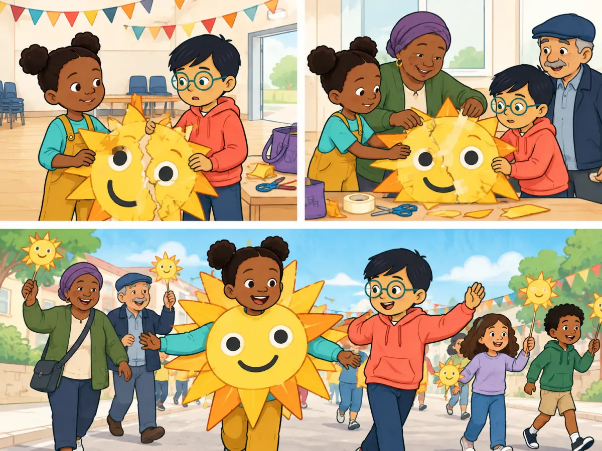 A three-part picture story: in a community hall, two children find the paper sun costume torn across its face; two neighbours help them tape it and add gold paper; one of the children wears the repaired sun in the bright parade.