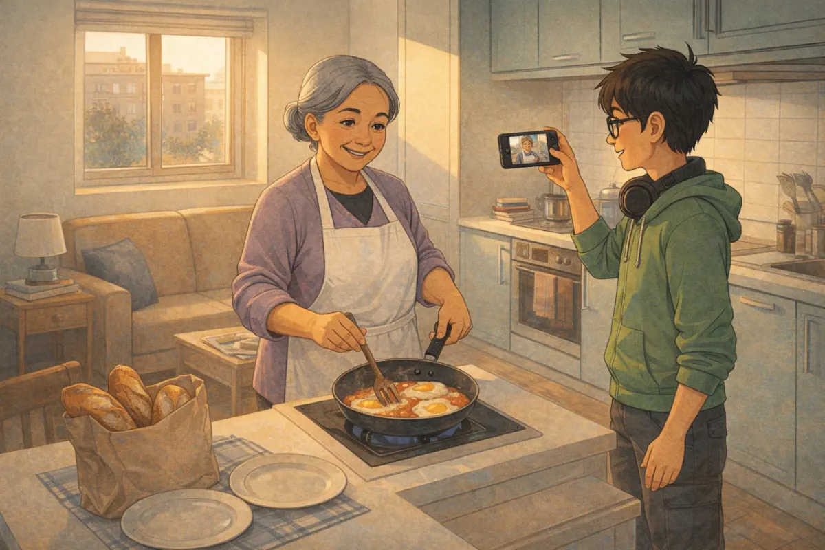 A teenager films his grandmother cooking eggs with tomatoes in her small kitchen corner.