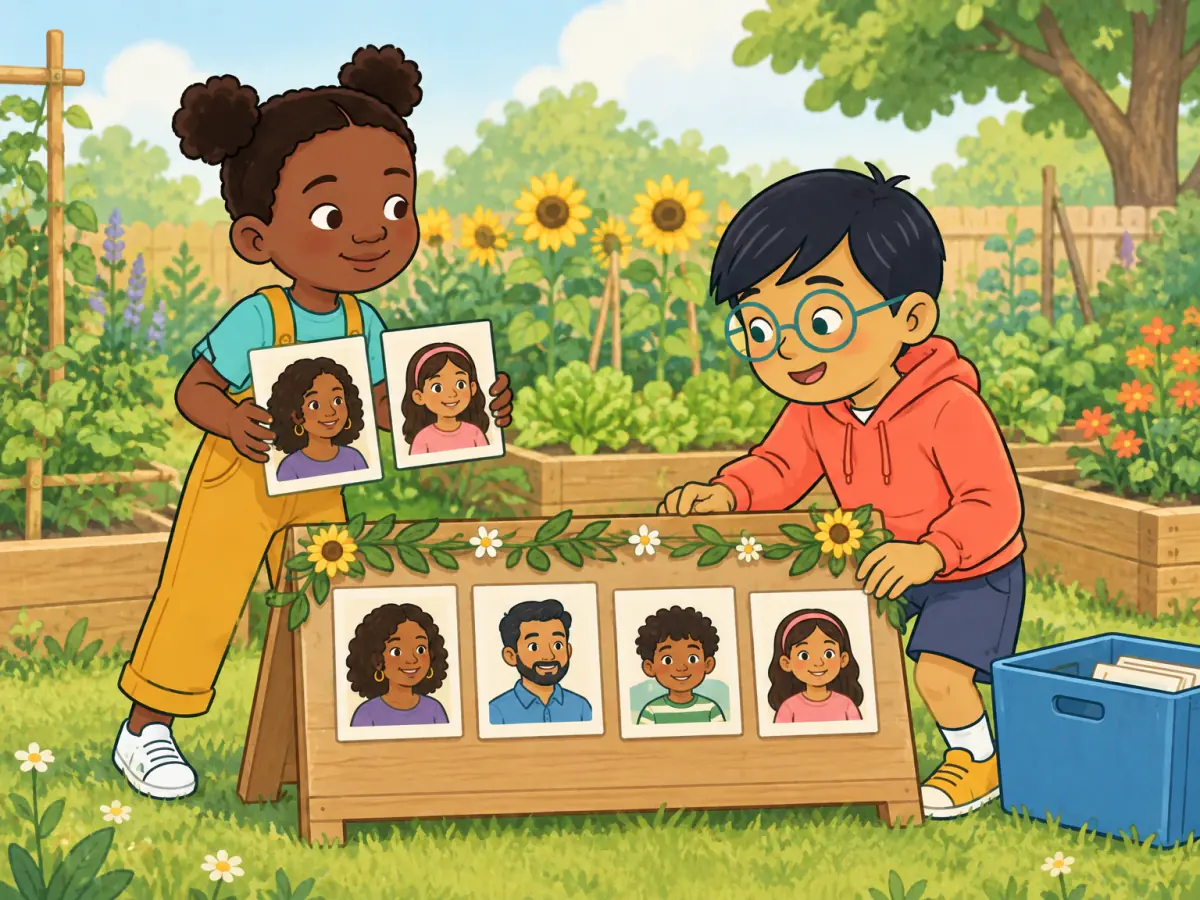 Two children help each other arrange four family portrait cards on a low outdoor display.