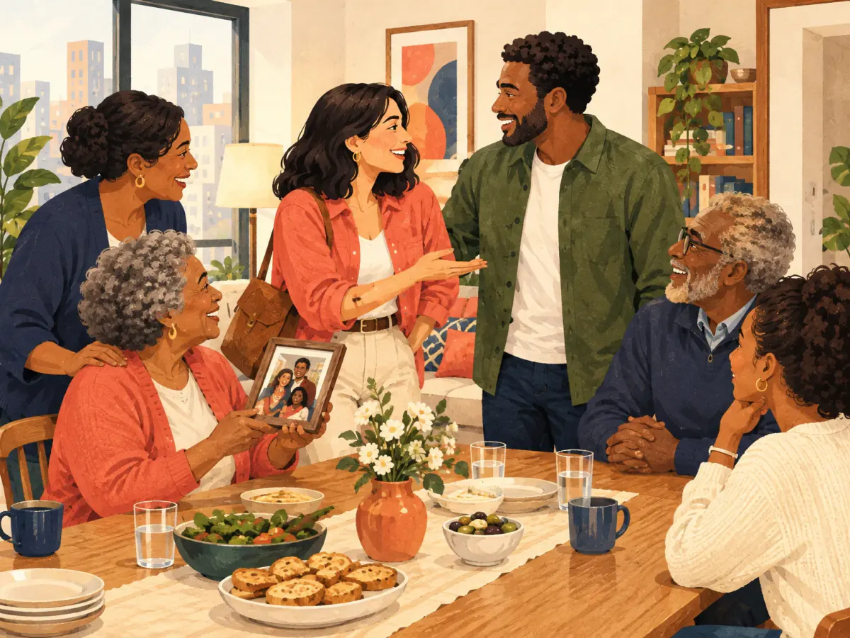 A woman introduces a man to relatives at a housewarming.