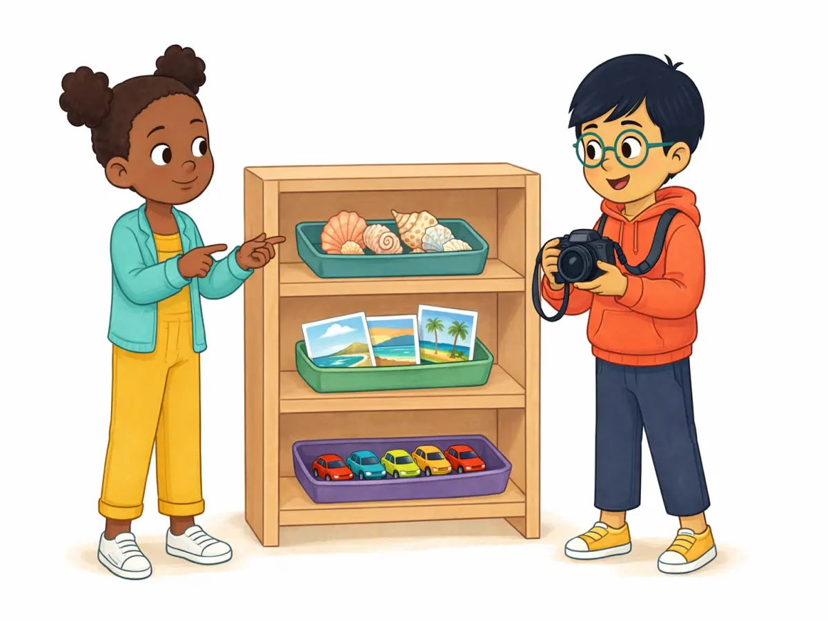 Nia asks to use Leo’s camera while Leo holds it. Three small collections of shells, postcards and toy cars sit in separate trays.