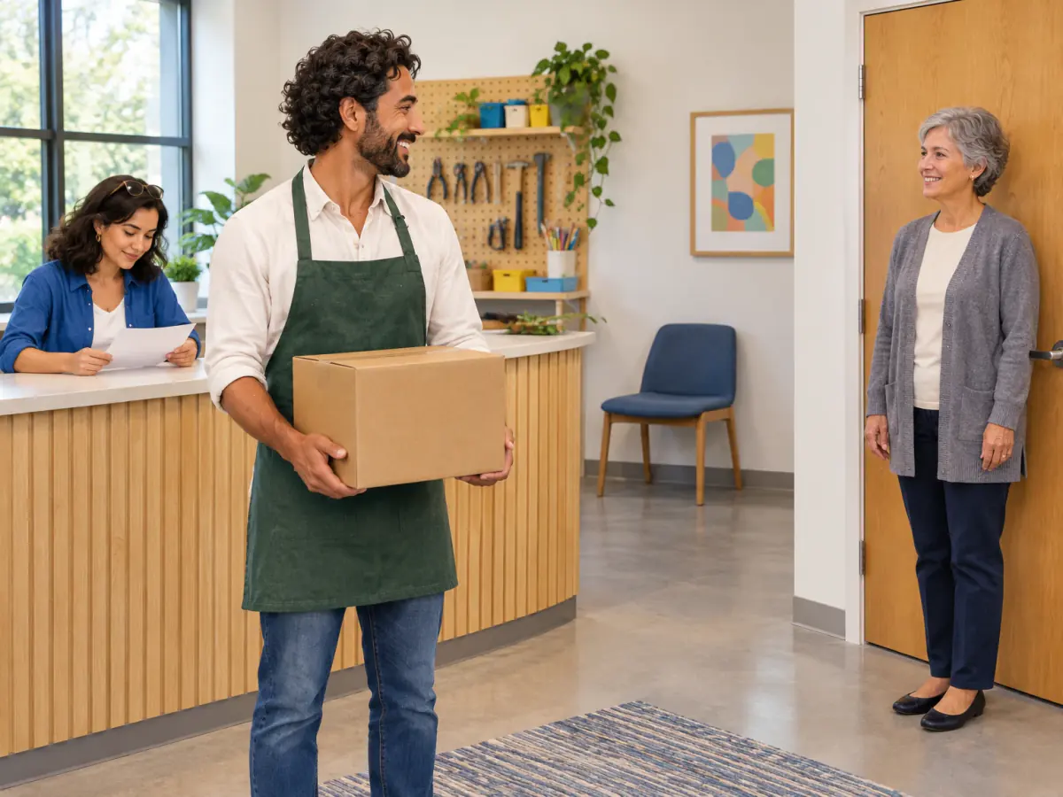 At reception, a woman sits behind the counter looking at a form, a man stands holding a box, and another woman stands beside a closed door.