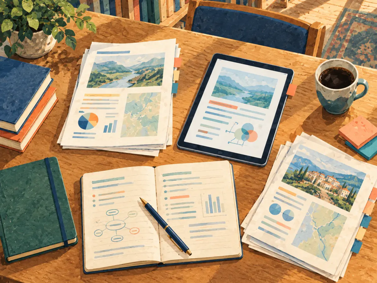 A wooden desk with printed reports, a tablet, an open notebook with notes and charts, and a cup of coffee.