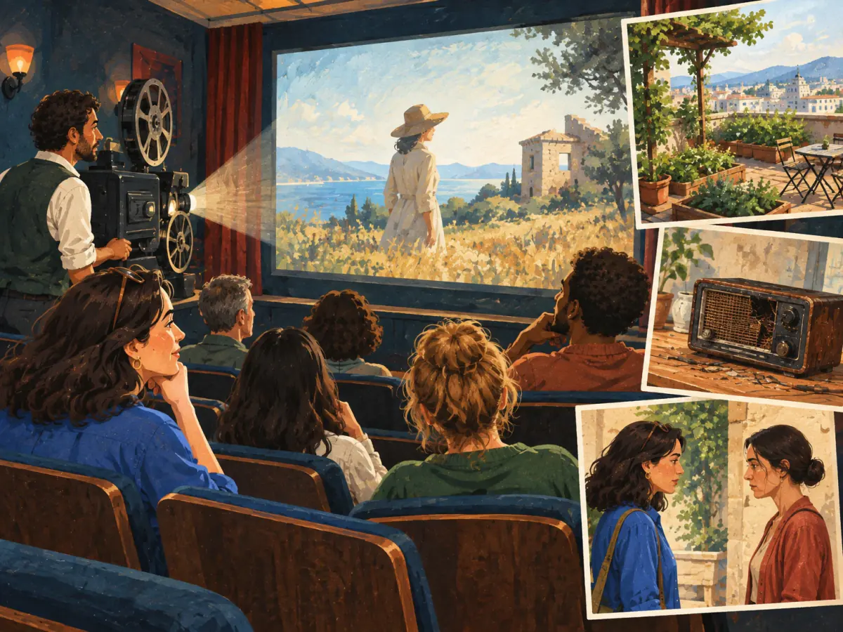 A projectionist and audience watch a quiet film about two estranged sisters, a rooftop garden, and a damaged radio.