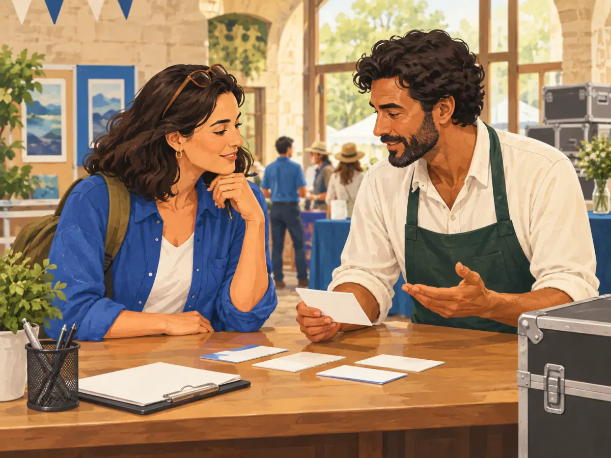 Two people talk across a table with forms and small cards at a busy event venue.