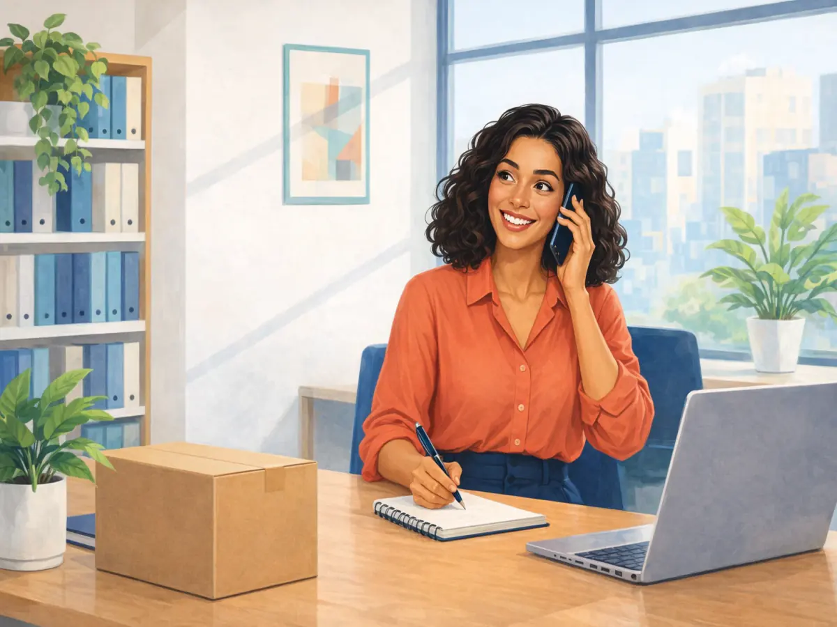 A woman takes a phone order at her desk.