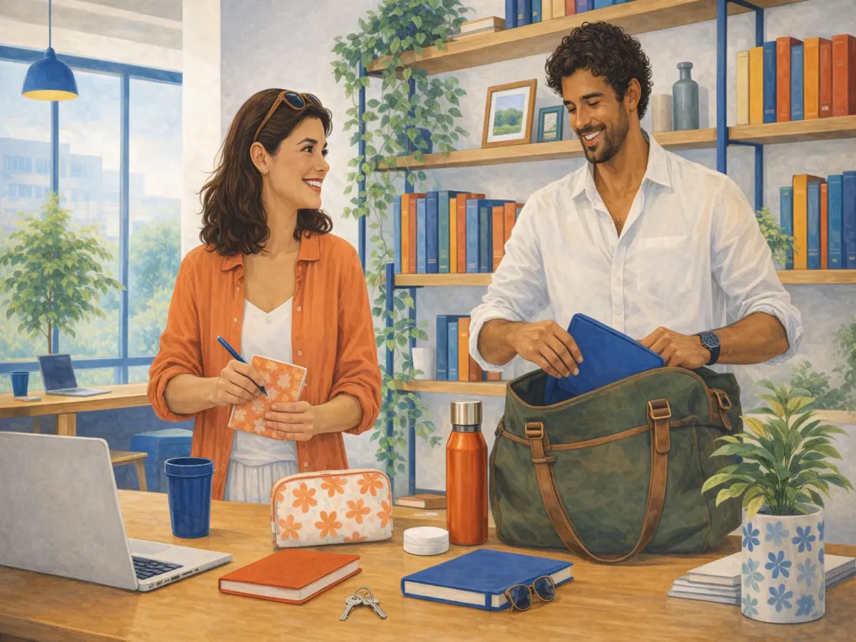 Two friends sorting everyday things in a shared studio.