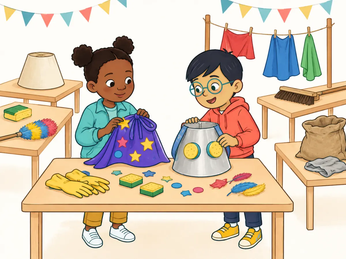 At a costume-repair party, a sponge, feather duster, lampshade, rubber gloves, washing line, broom, sack and cloth are arranged on separate tables. Nia and Leo design costumes without wearing unsafe household equipment.