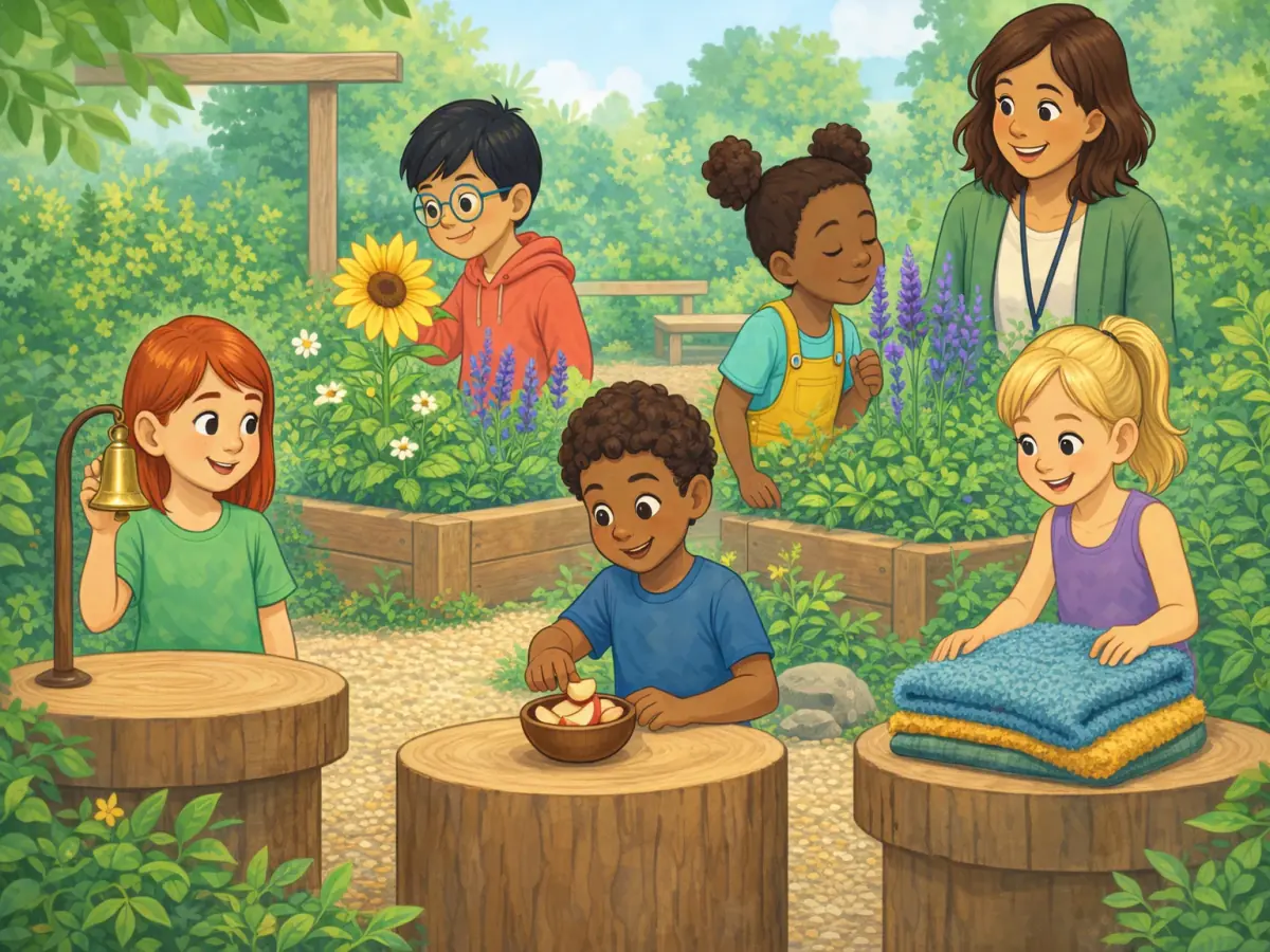 Two children and their friends explore five stations for hearing, seeing, smelling, tasting and touching.