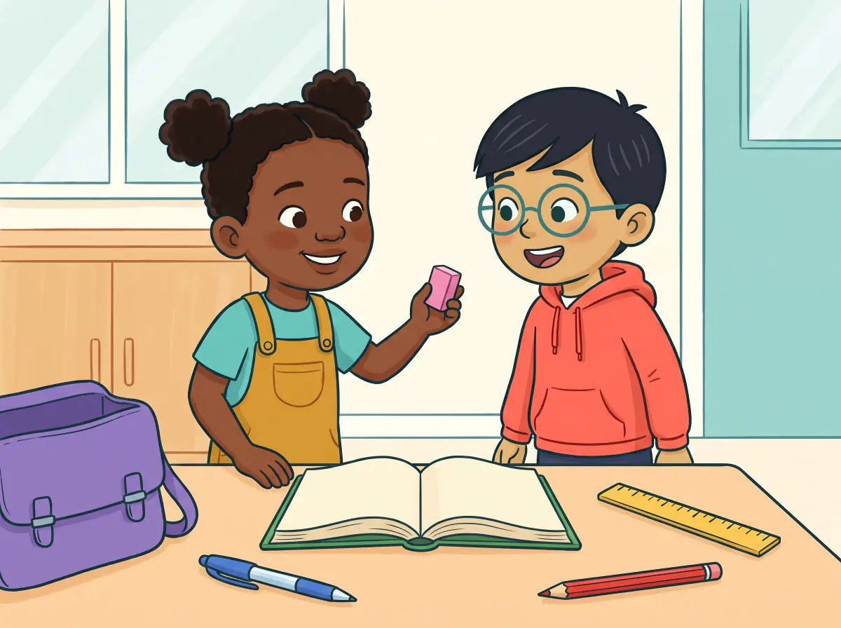 Nia and Leo with a purple bag, green book, yellow ruler, blue pen, red pencil and pink rubber.