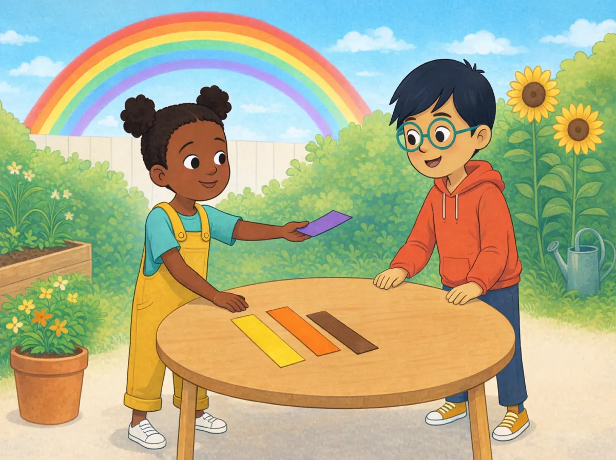 At a garden craft table, a child offers another child a purple paper strip. Yellow, orange and brown paper strips lie on the table. A real rainbow with red, orange, yellow, green, blue and purple bands arches across the sky.