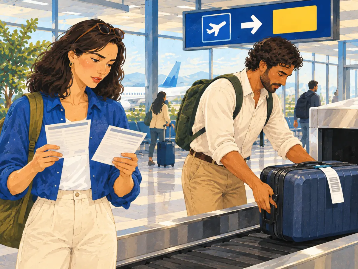 At the airport, a woman reads her receipts while a man lifts a tagged suitcase onto the belt.