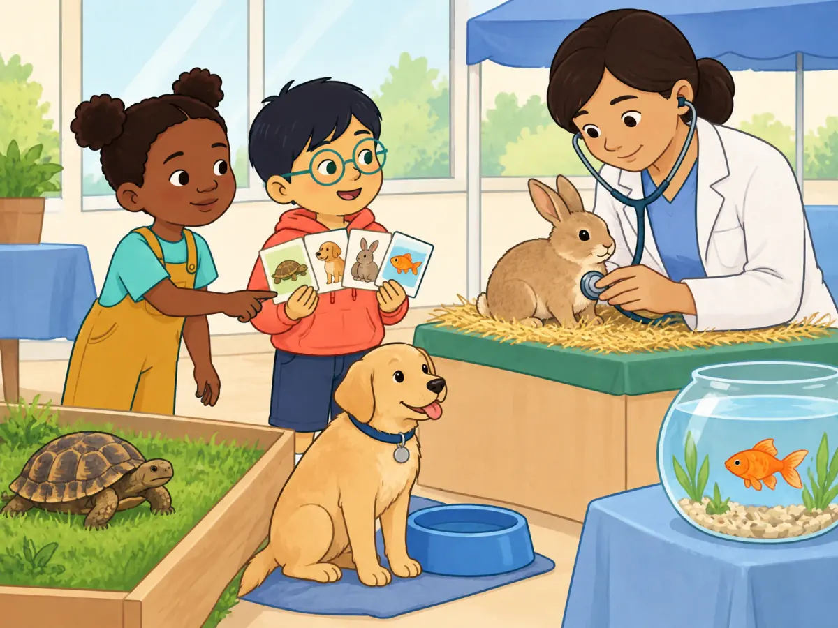 At an animal-care open day, two children look at a tortoise, dog, rabbit and fish.