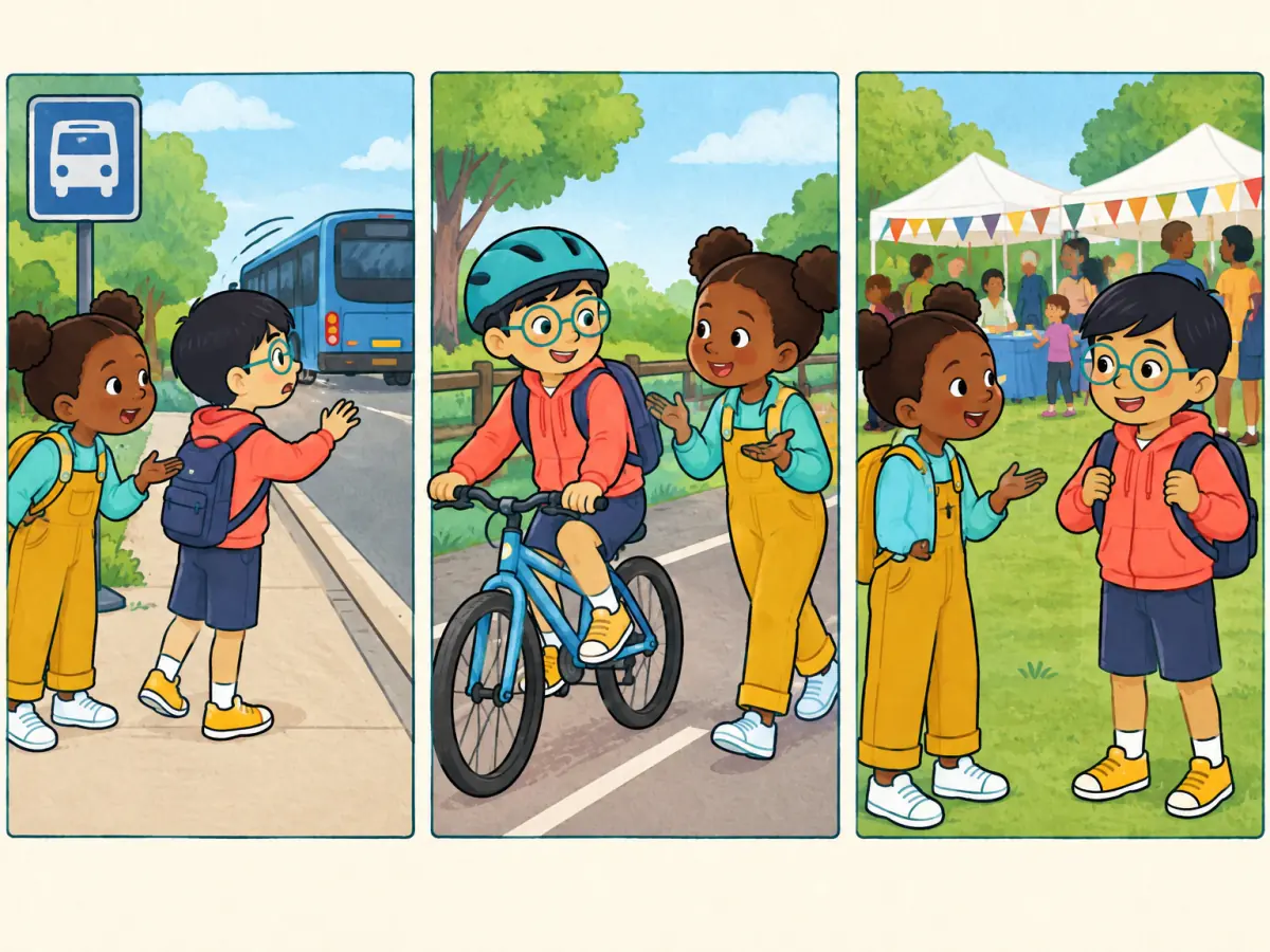 A three-part picture timeline shows a child missing a bus, cycling safely and arriving at a community event while another child asks follow-up questions.