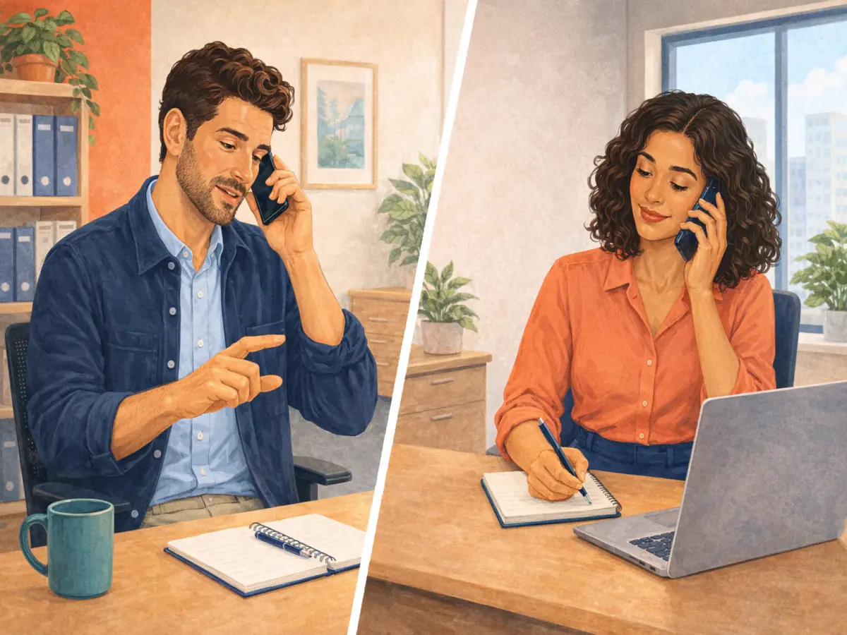Split picture: a man in his office and a woman in her own office, talking on the phone.