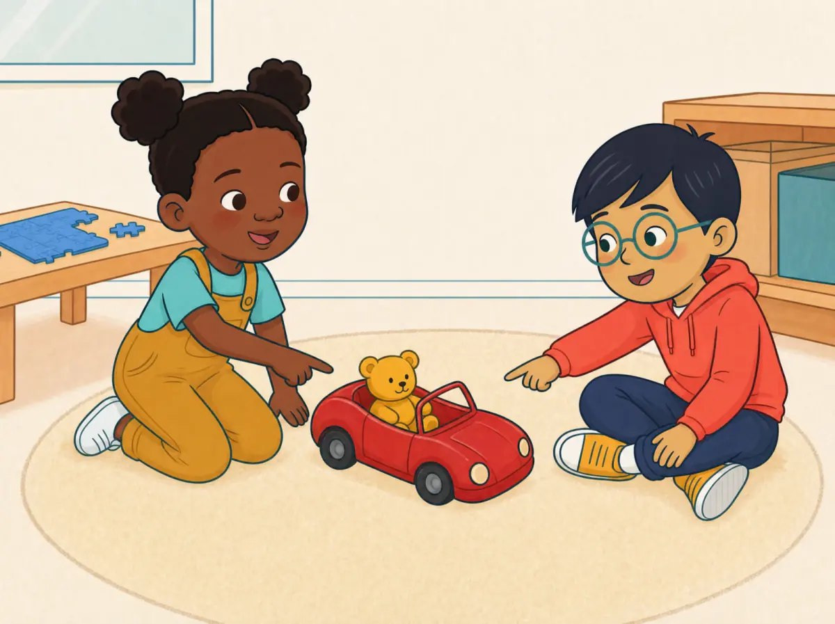 Leo’s yellow teddy sits in Nia’s red toy car.