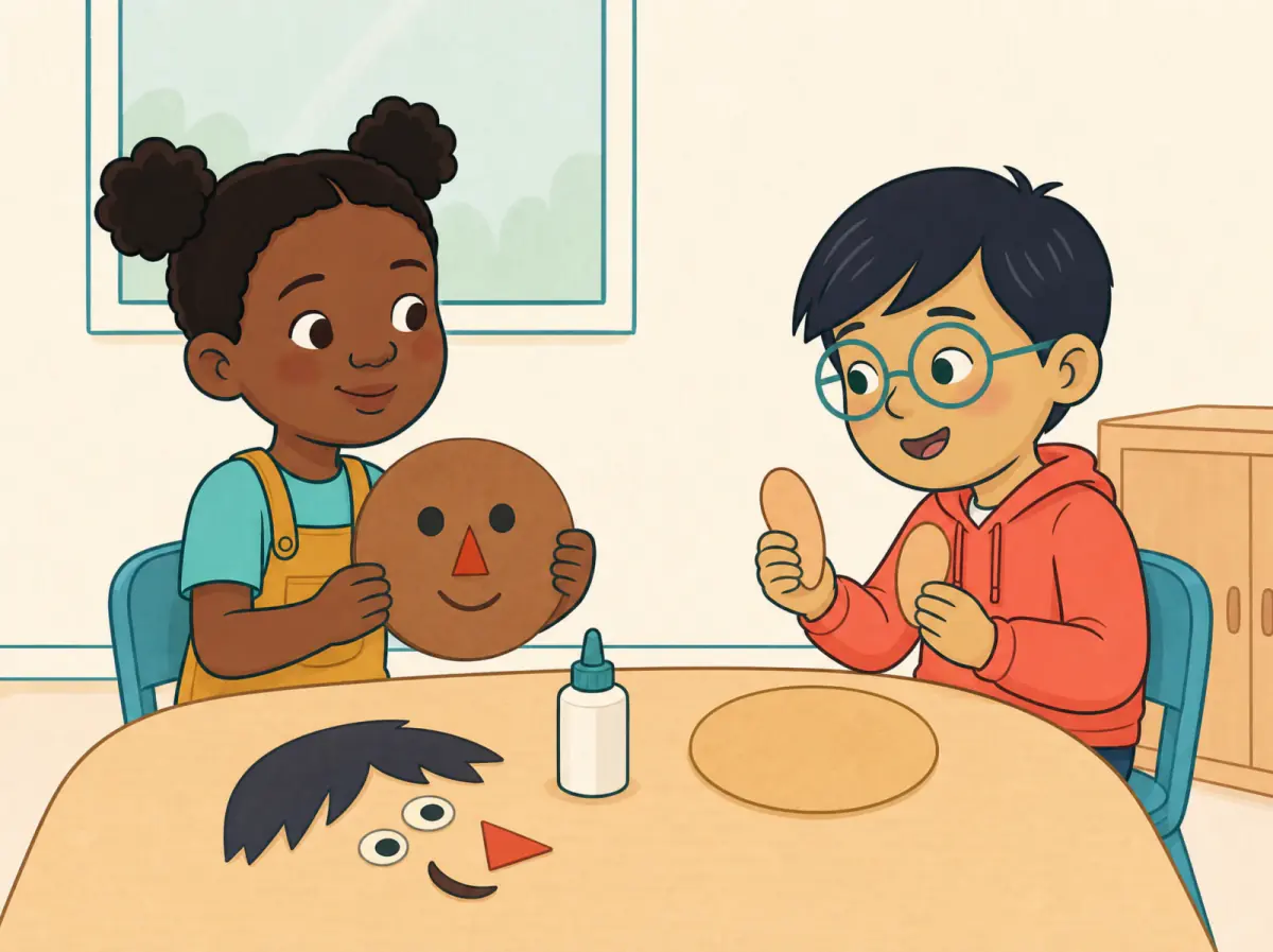 A girl shows her paper face. A boy holds two paper ears. Paper hair, eyes, a nose and a mouth are on the table.