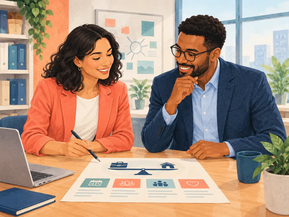 Maya and Owen review a work-life balance task.