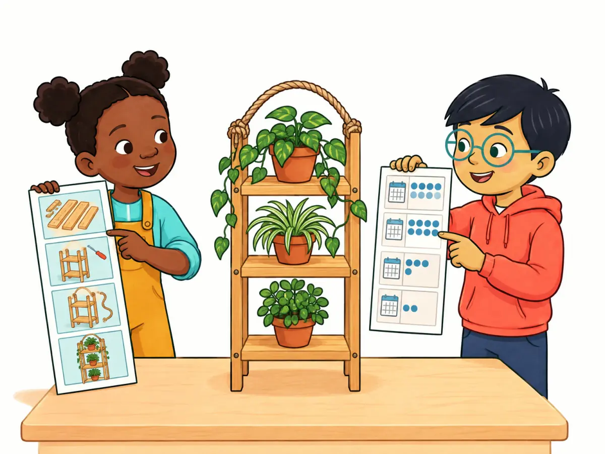 The finished wooden plant stand has three shelves and a rope handle. Nia shows a four-step picture record while Leo points to a calendar strip for time spent on the project.