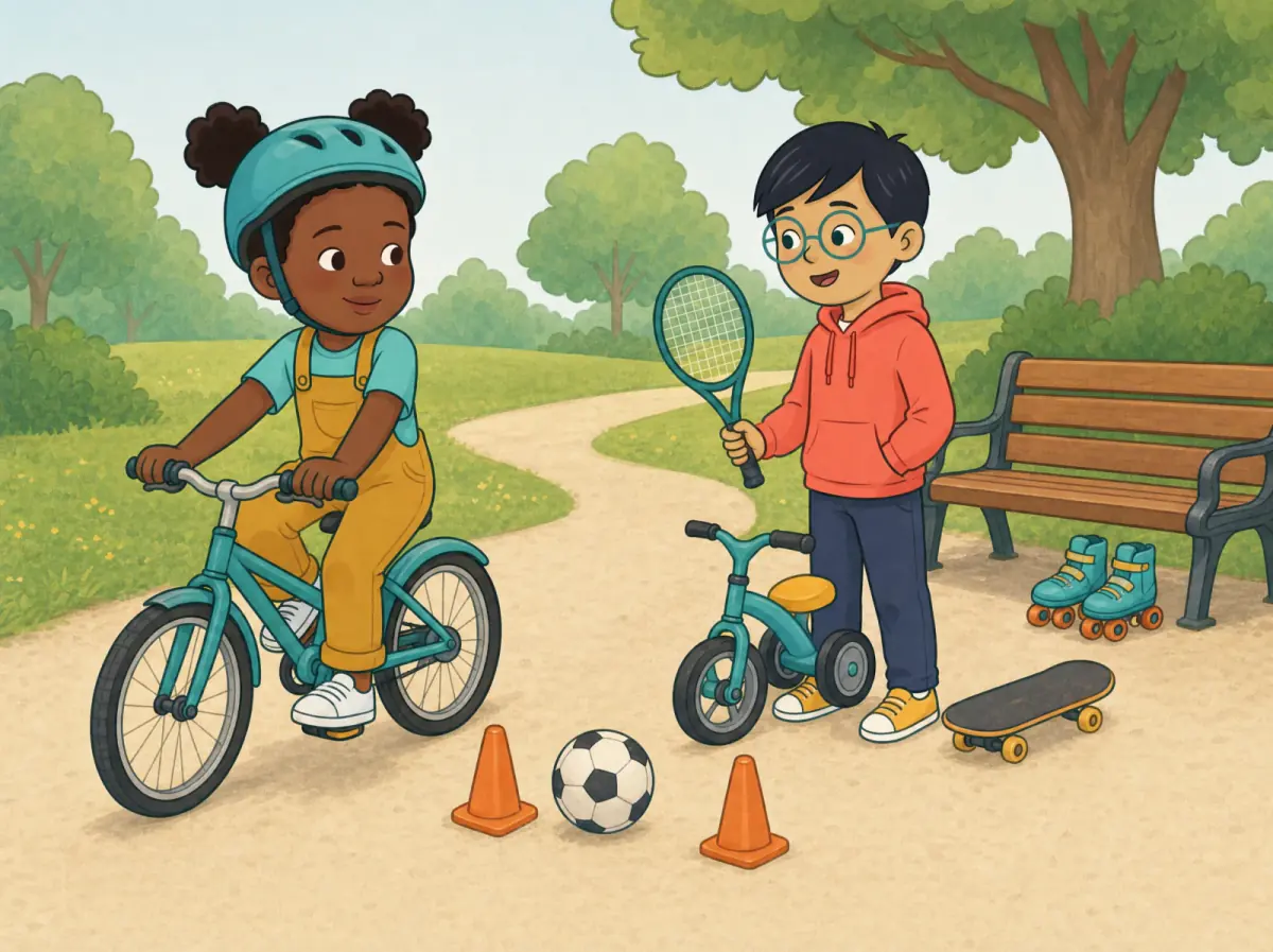 At a park skills fair, a child rides a bike. Another child stands beside a skateboard and a tricycle. A football is between two cones, and roller skates are under a bench.