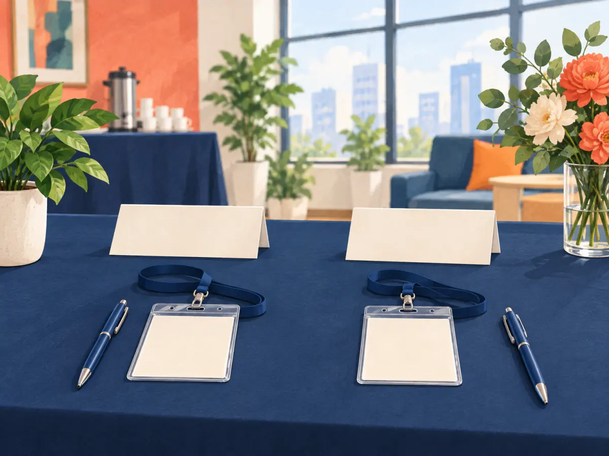 Two blank conference contact cards and pens on a welcome table.