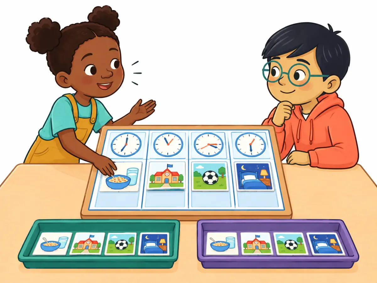 A day-planning board uses four analogue clocks without numerals, activity pictures and two comparison trays. A child asks permission before moving a shared card.