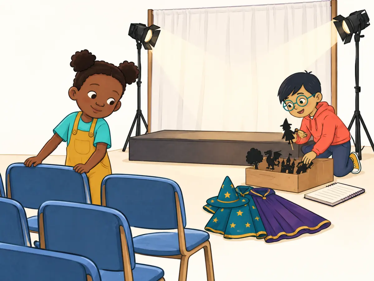 In a school shadow-theatre workshop, lights shine toward a white curtain. A script, two costumes and character cut-outs rest beside the empty stage while a child checks the audience seats.