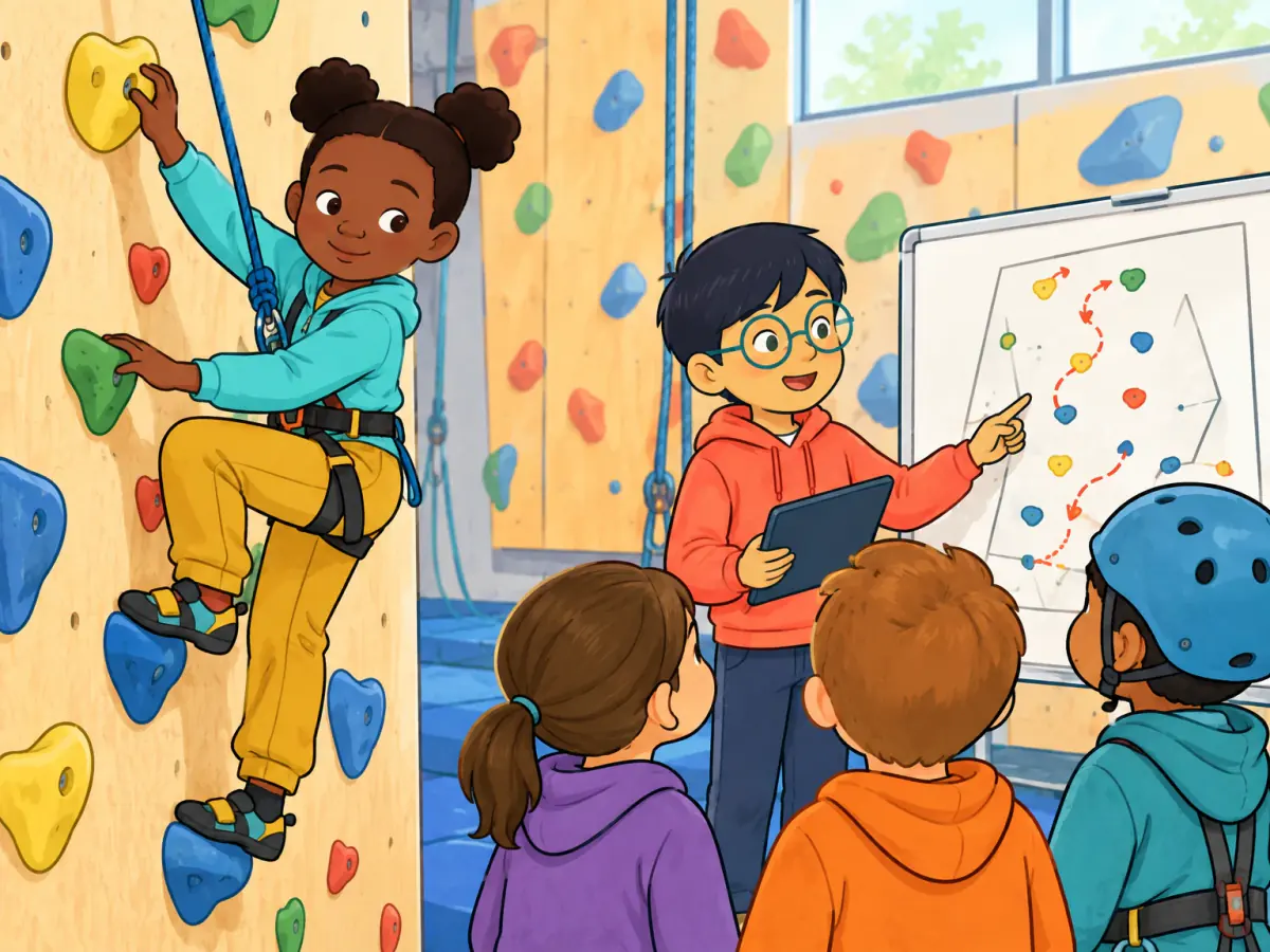 An original youth profile shows a child climbing indoors in a harness while another child plans easier routes for a younger group.
