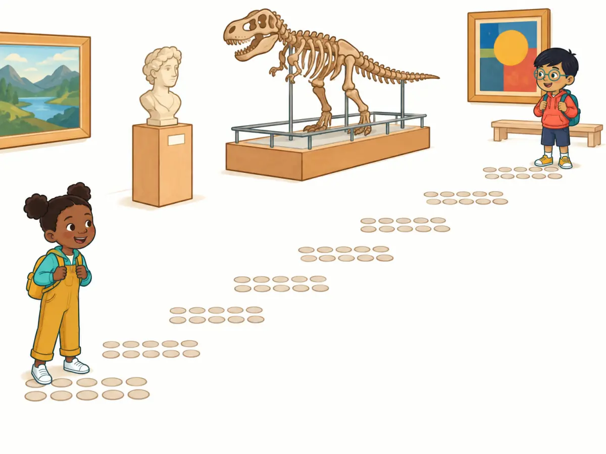 A museum trail shows eight groups of ten floor circles, eighty steps in all. A child stands at the first group and another child at the last group; no numerals appear.