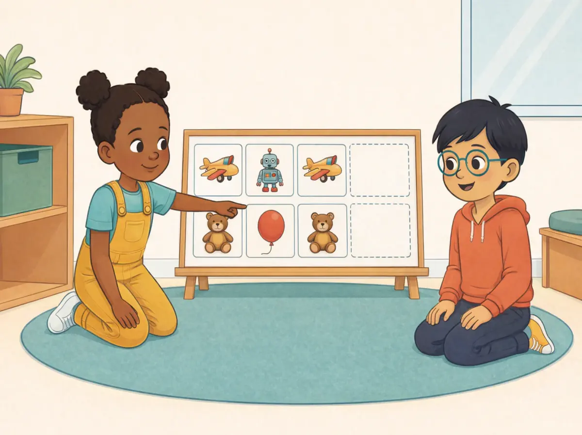 A board shows two picture patterns. Top row: plane, robot, plane, then an empty card. Bottom row: teddy, balloon, teddy, then an empty card. A child points to the board while another child smiles at it.