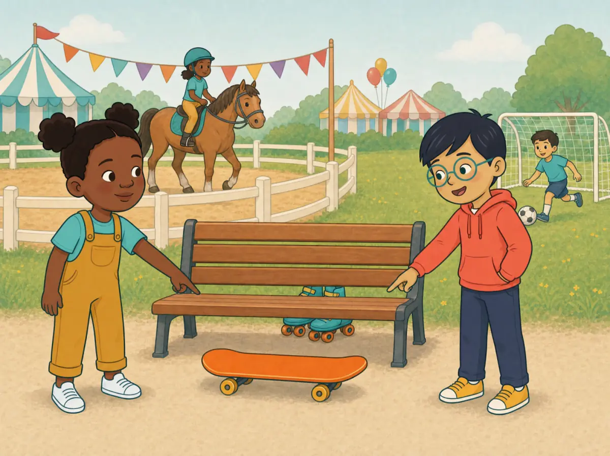 A horse, football next to a small goal, orange skateboard in front of a bench, and roller skates under the bench.