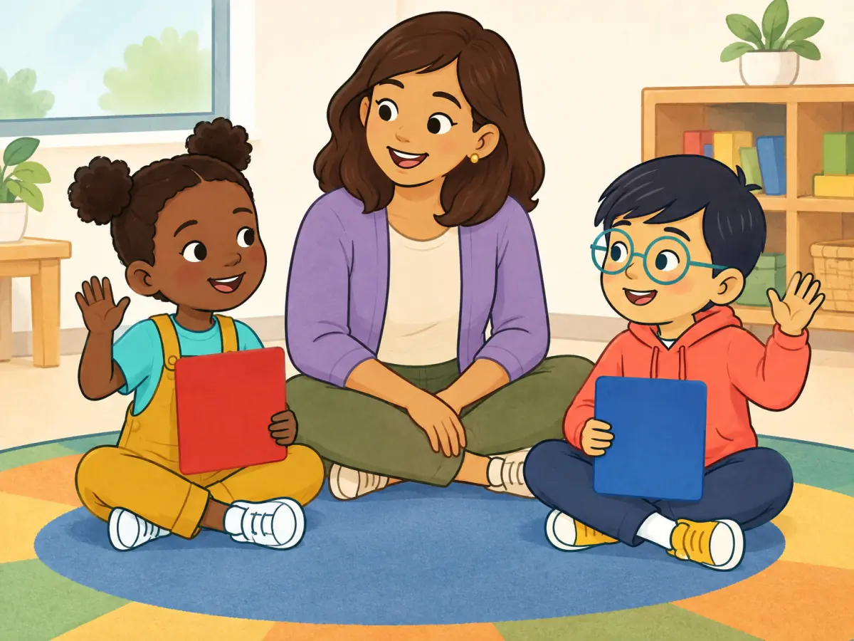 Nia and Leo wave hello in a preschool circle beside red and blue swatches.