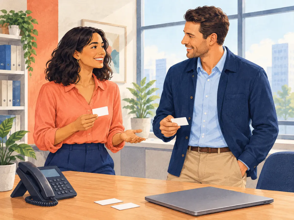 Two blank business contact cards beside a desk phone and a closed laptop.