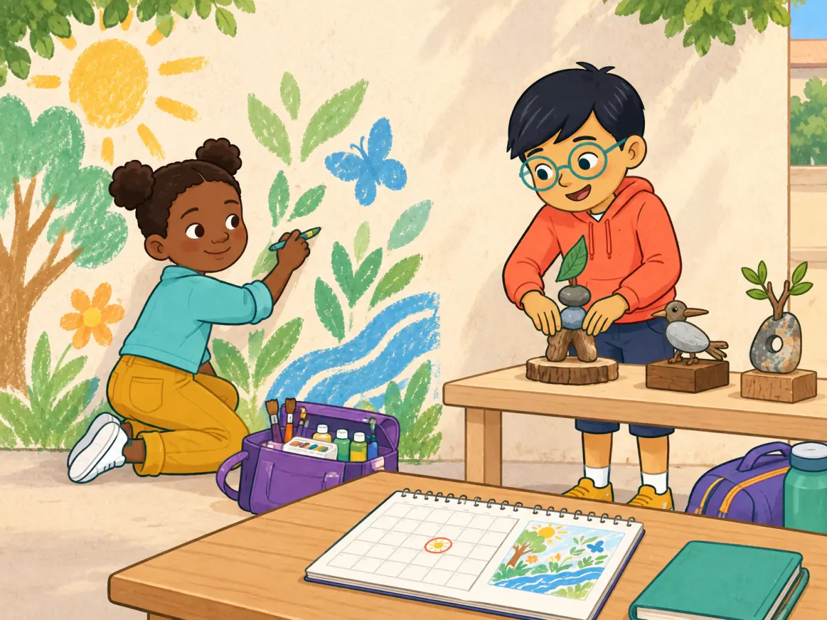At an empty courtyard wall, Nia sketches a nature mural while Leo offers to arrange a small sculpture display; a calendar and packed art materials show firm future plans.