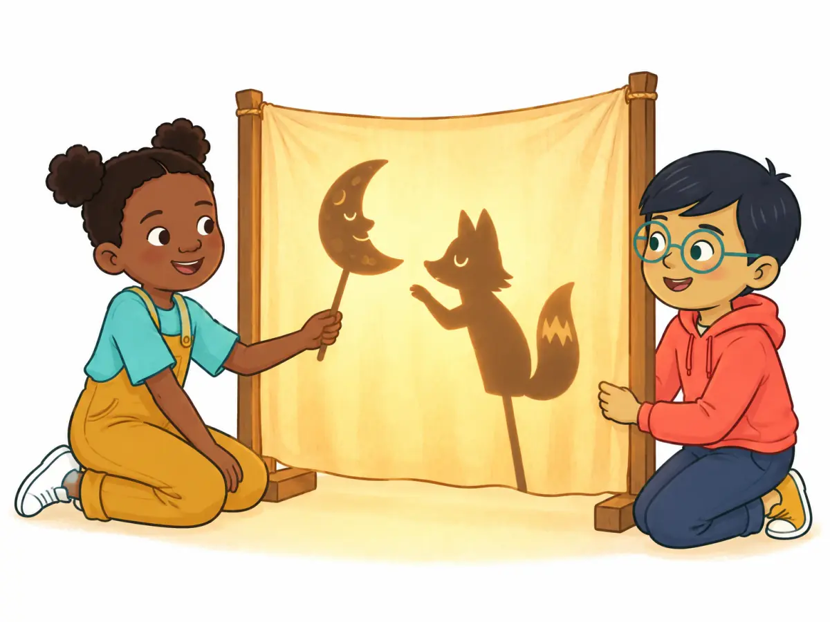 The end of the shadow play: behind a glowing curtain, Nia holds up the moon puppet that has been found, and the fox puppet reaches towards it while Leo holds the curtain.