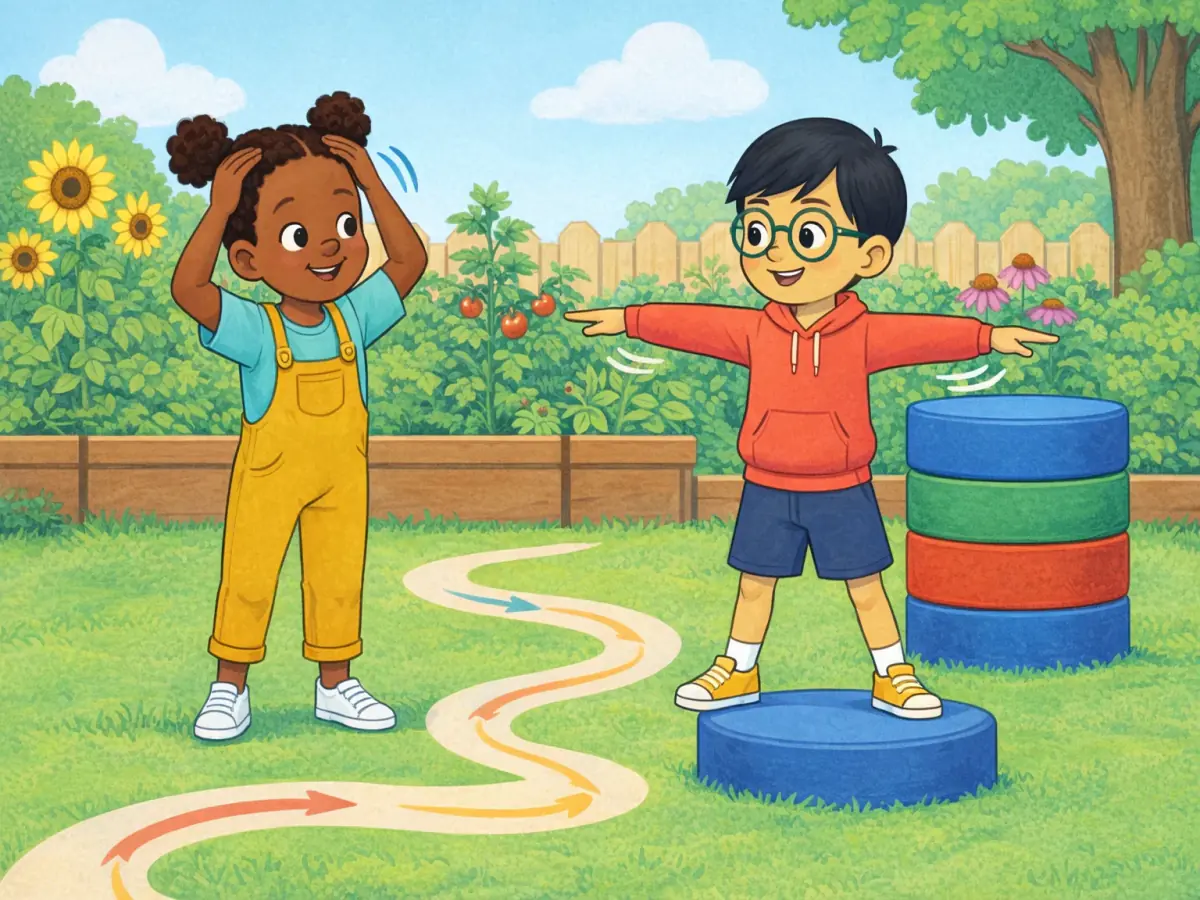 A girl touches her head and a boy stretches his arms on a low pad, next to a high pad and a safe garden movement trail.