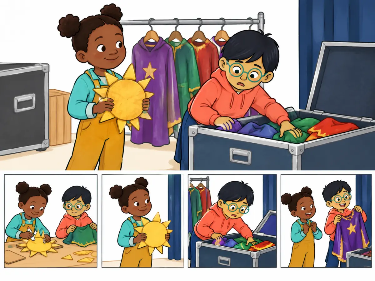 Backstage after rehearsal, Nia holds a completed prop, Leo searches for one missing costume, and a four-panel event strip shows actions before and after the current moment.