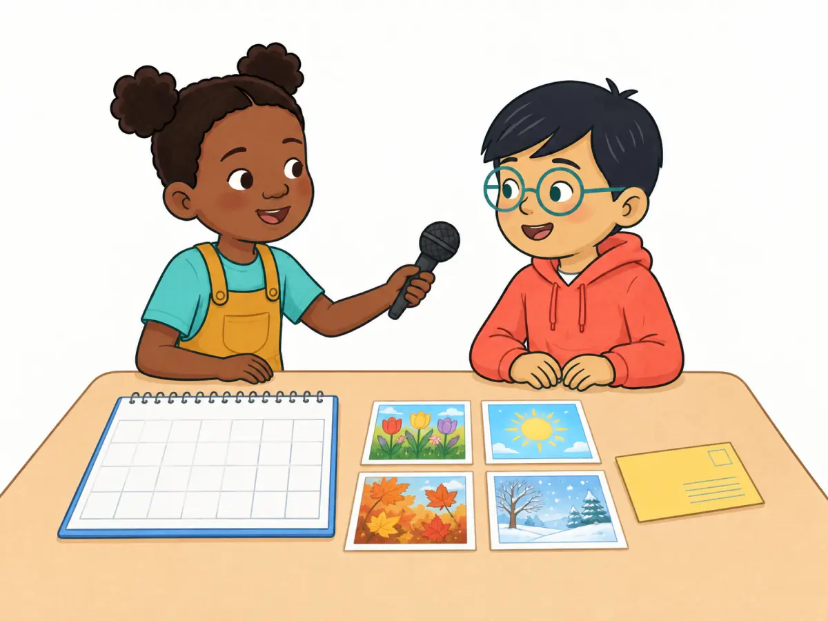 At the postcard club, a child interviews another child beside a blank monthly calendar, four season picture cards and a yellow postcard.
