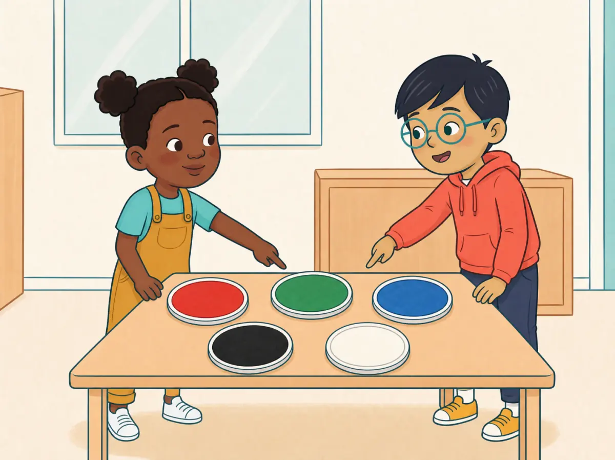 At the same garden table, Nia and Leo arrange five large blank paint circles: red, green, blue, black and white. Their hands point toward the green circle.