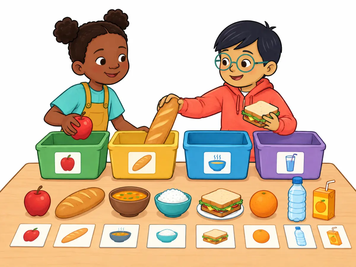 At a picnic-planning table, Nia and Leo sort an apple, bread, rice, water, juice, sandwich, orange and bowl of soup into useful groups. Blank quantity cards show single items and some food without text.