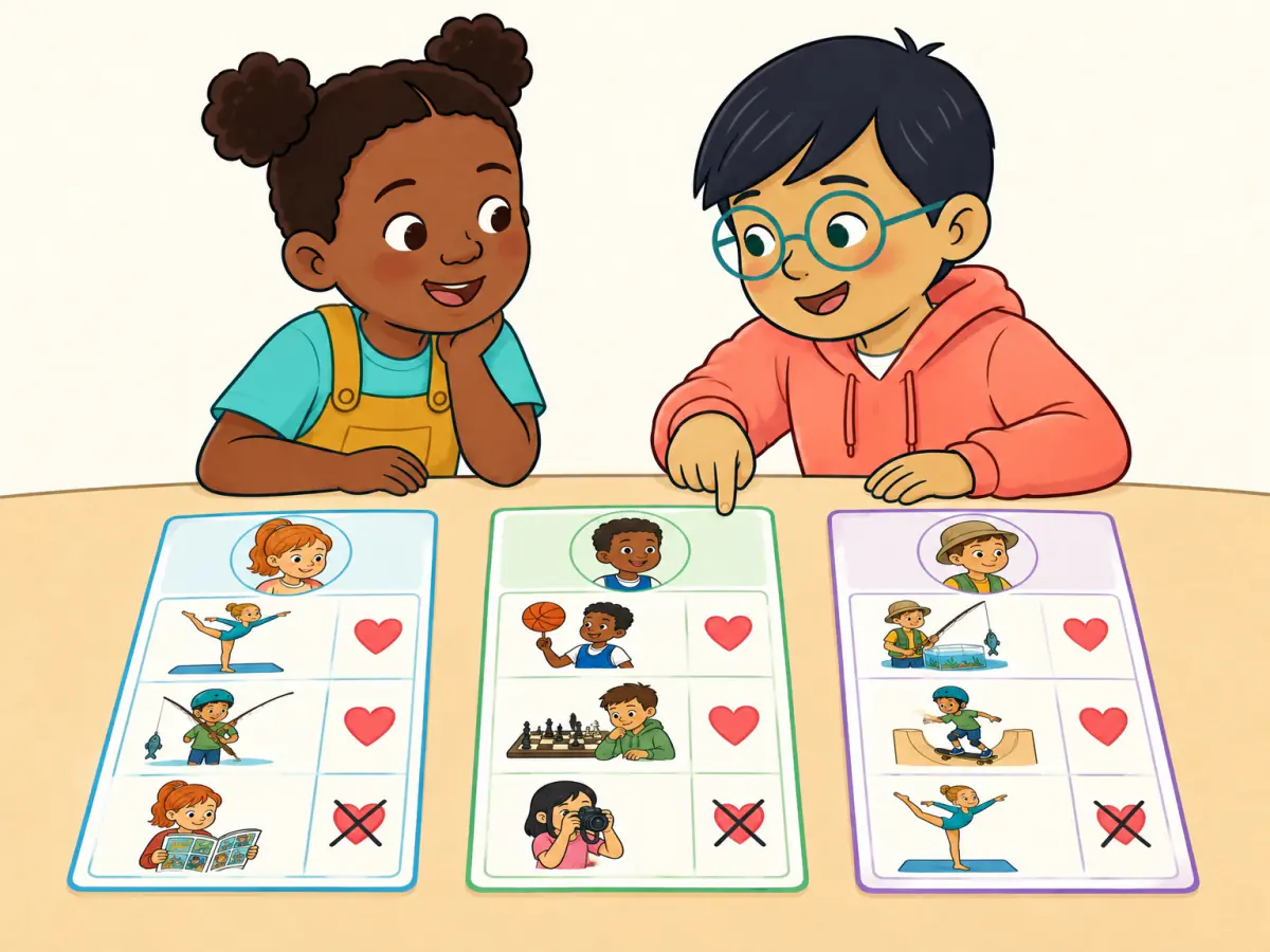 Nia and Leo compare three penfriend profiles using only activity pictures and heart or crossed-heart preference icons.